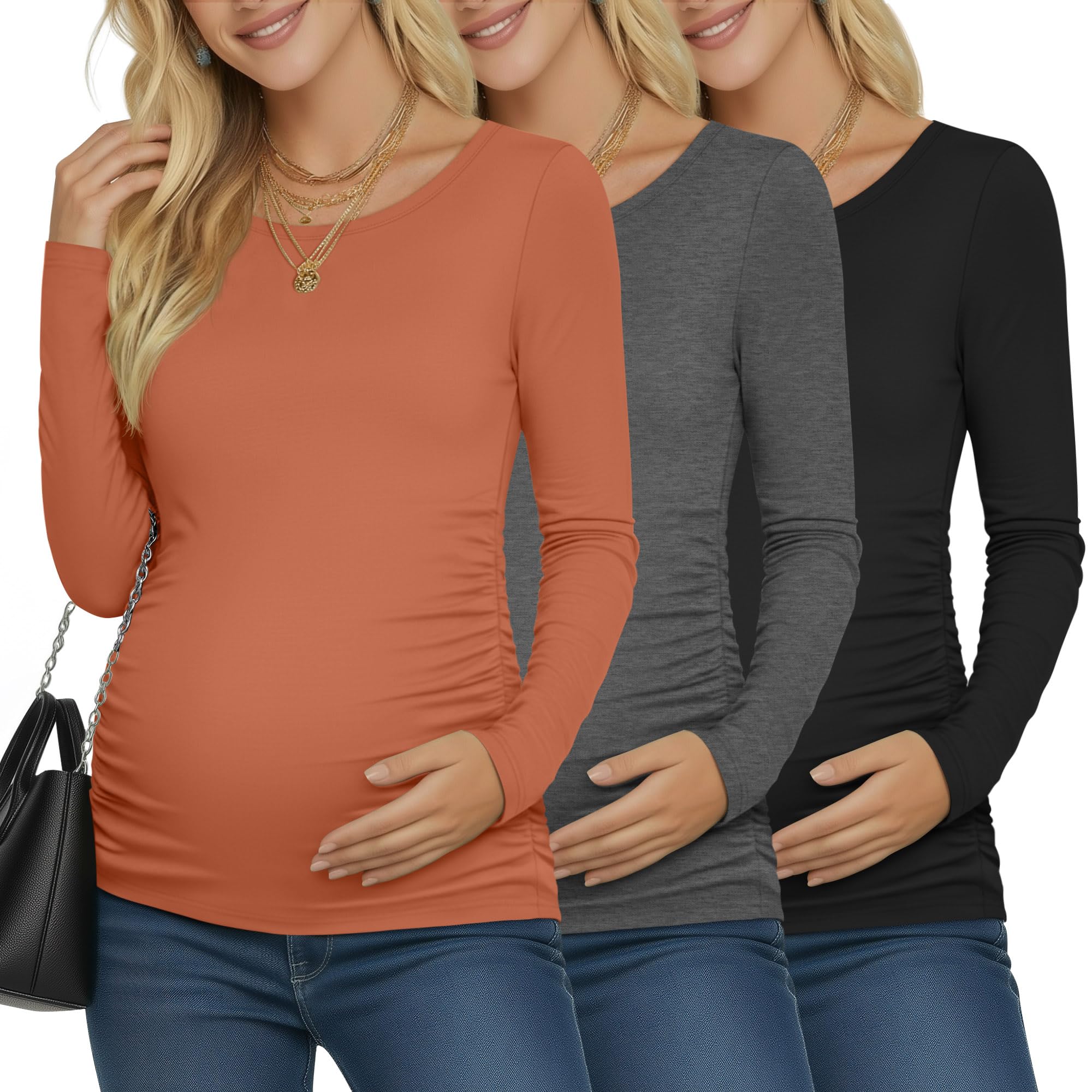 Ficerd 3 Pack Women's Maternity Long Sleeve Shirts, 3-Color Set, XX-Large