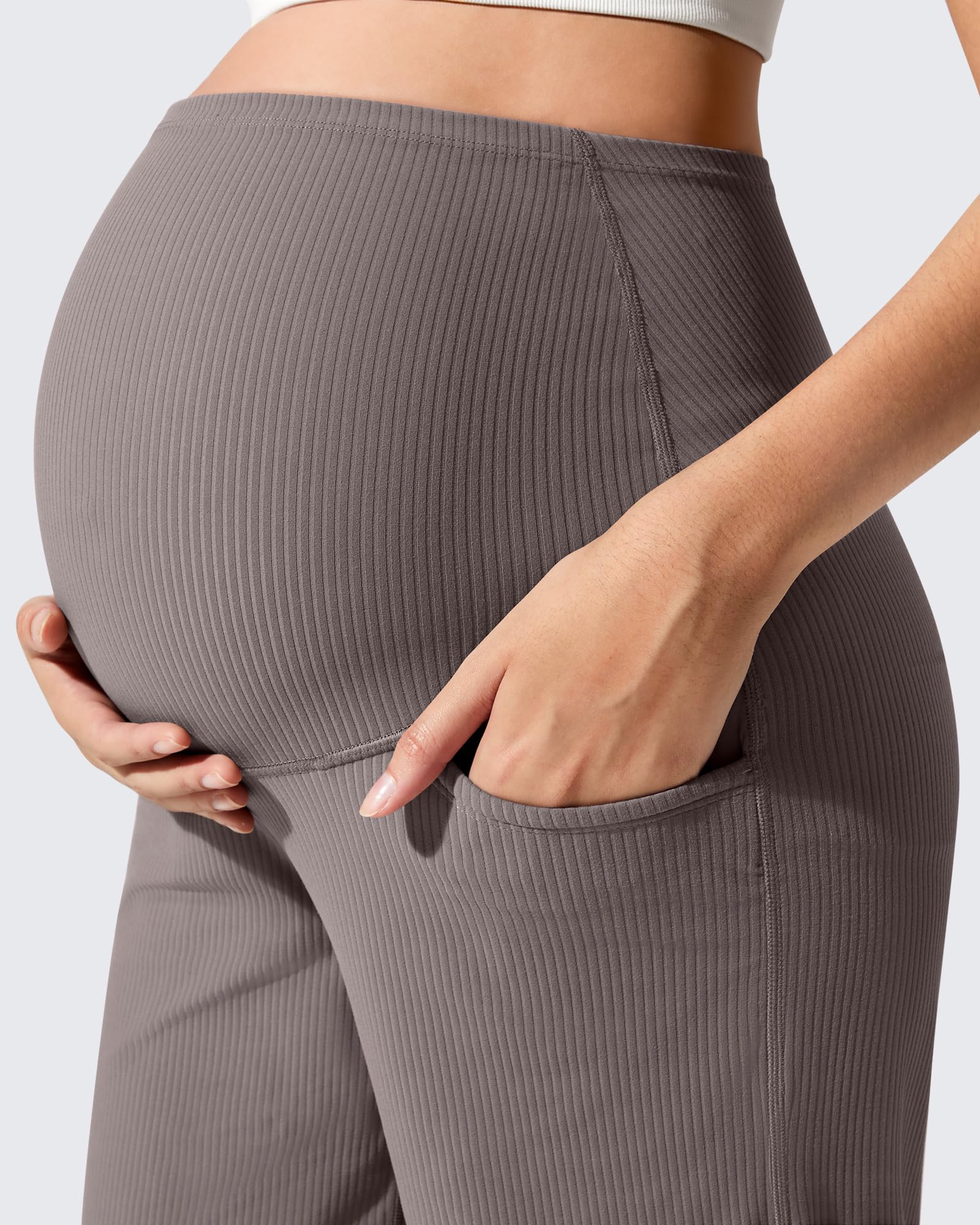 G4Free Maternity Pants for Women Over The Belly Stretchy Wide Leg Yoga Pants Pregnancy Trousers with Pockets(Taupe,M,Regular)
