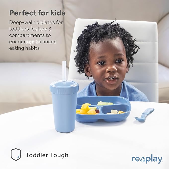 Re-Play Toddler Plates with Dividers - Deep-Walled 3 Compartments Divided Plates for Kids with 3 Lids - Dishwasher & Microwave Safe - Made in USA - Set of 3-7.37" x 7.37" x 1.25" - Monochrome