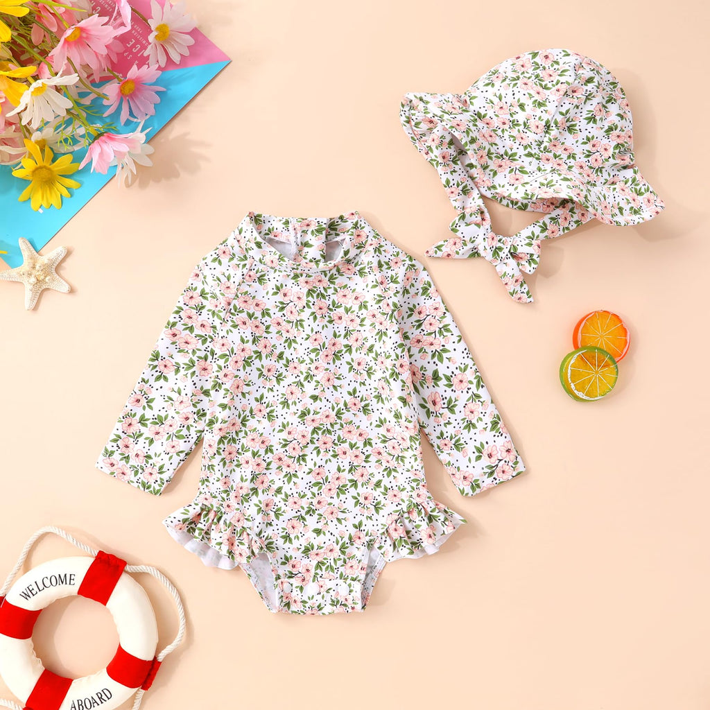 Infant Baby Girl Swimsuit One-Piece Long Sleeve Rash Guard with Hat Set Floral Zipper Bathing Suit Leopard Beach Wear