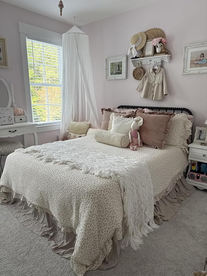 BuLuTu Camellia Floral Print Pillowcase King Muslin Cotton Pillow Case Chic Shabby Pillow Cover with Ruffles Enveloped Pillowcases, Machine Washable, 20x36 inch, 1 Piece