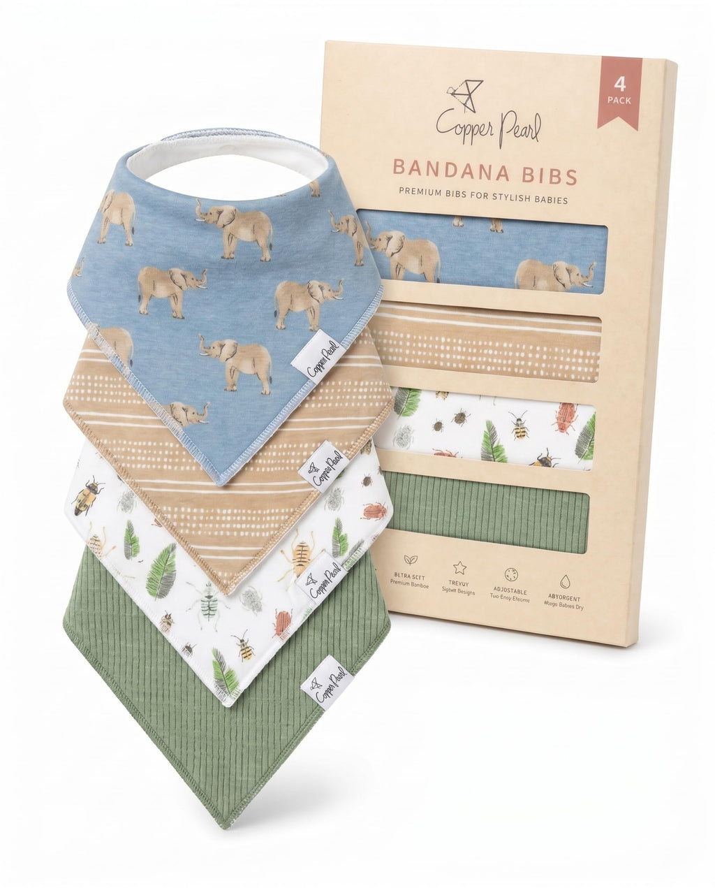 Copper Pearl Baby Bibs for Baby Boy or Girl – Bandana Drool Bibs for Teething, Absorbent Bibs for Eating, Newborn to Toddler, 4 Pack, Peanut