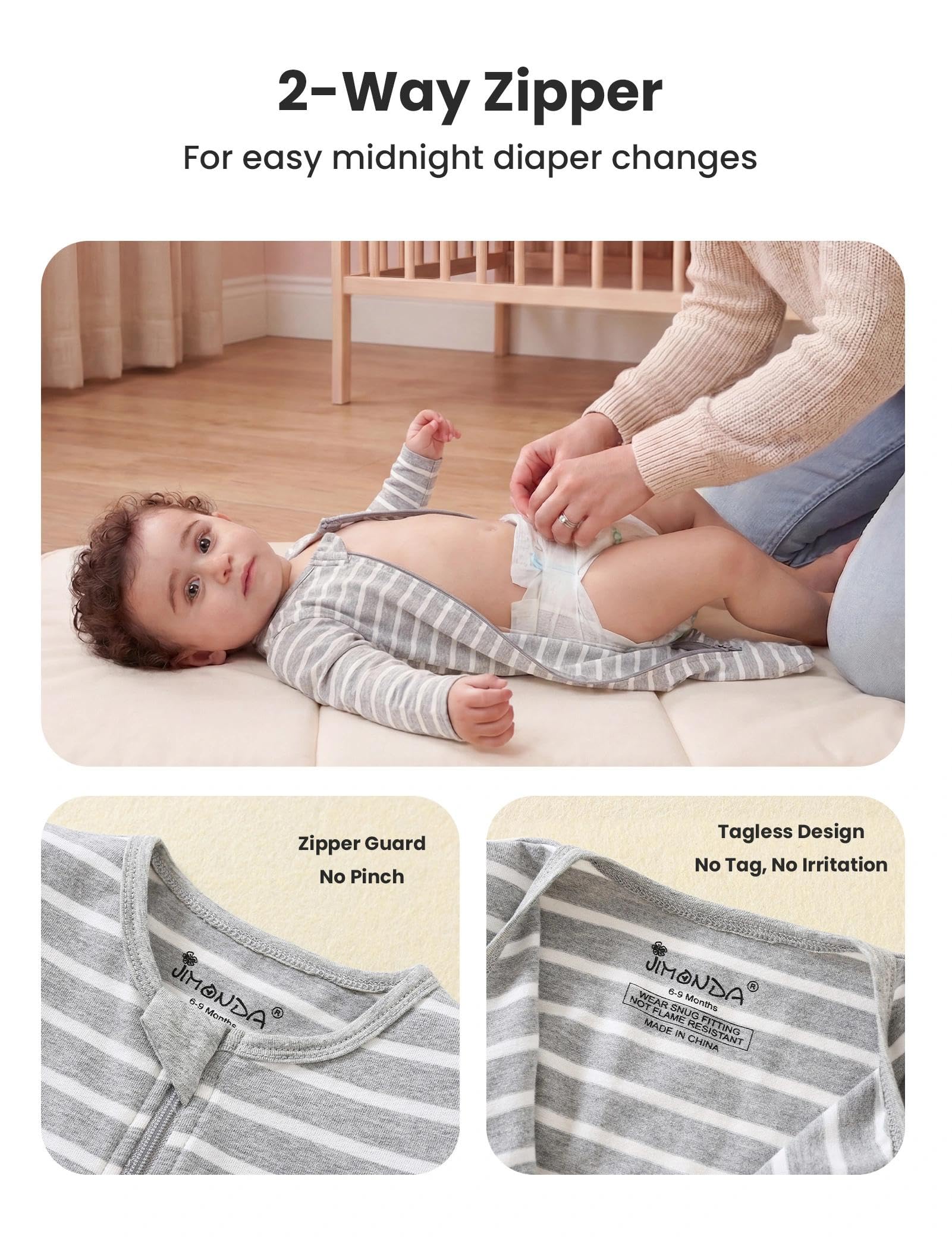 Jimonda Baby Footless Pajamas 2-Way Zipper Sleeper 0-24Months(Gray,0-3M)