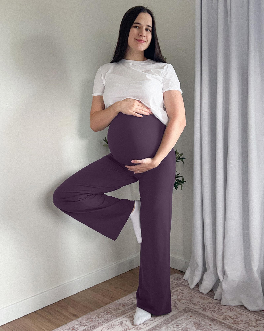 G4Free Maternity Clothes Work Prenancy Pant Wide Leg,Grape Purple,S,Tall