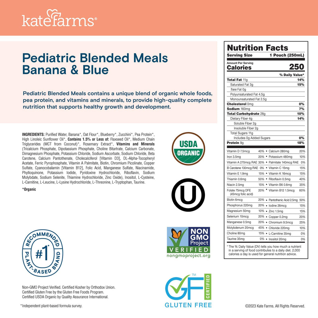 KATE FARMS Pediatric Blended Meal, Banana and Blueberries, 12 Pack