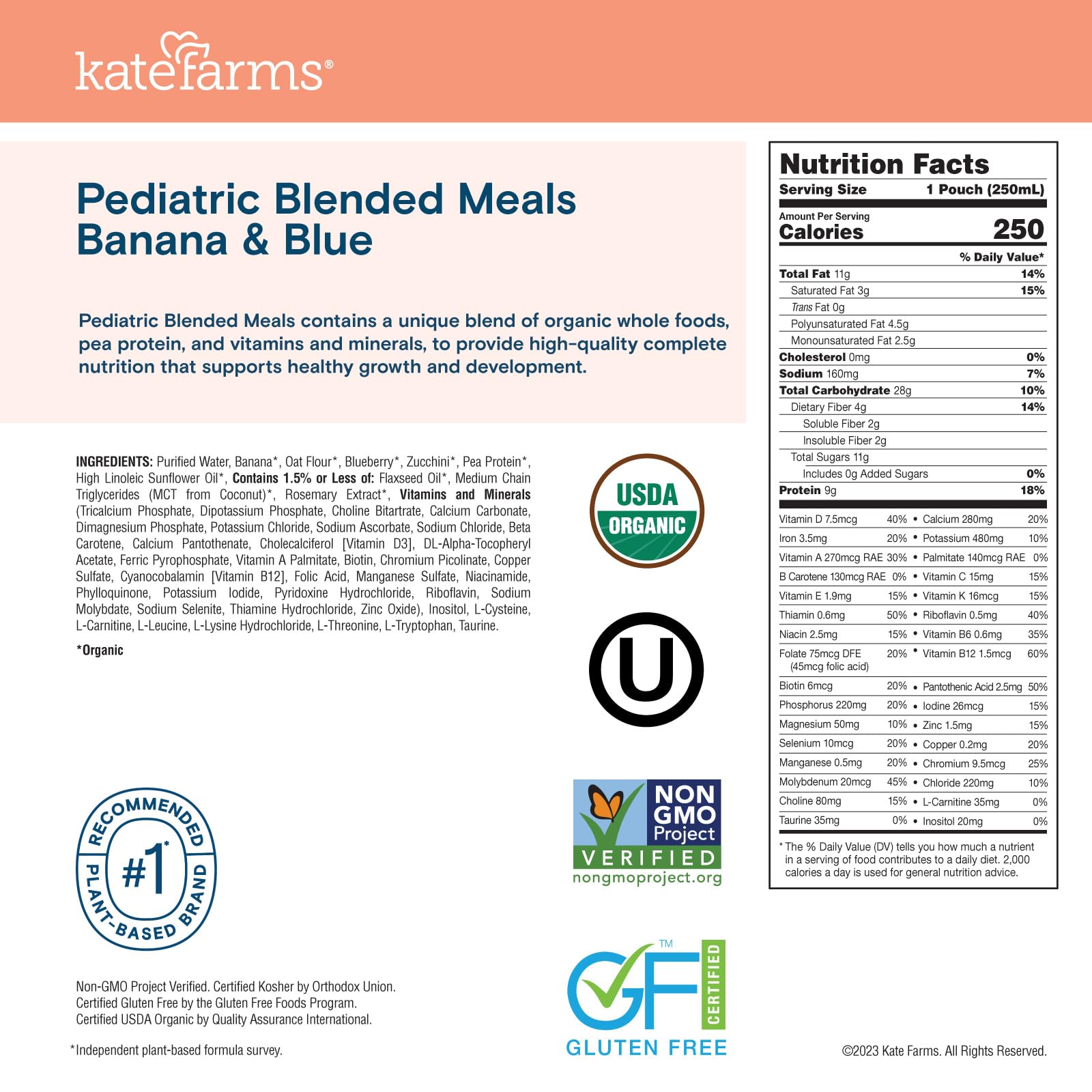 KATE FARMS Pediatric Blended Meal, Banana and Blueberries, 12 Pack