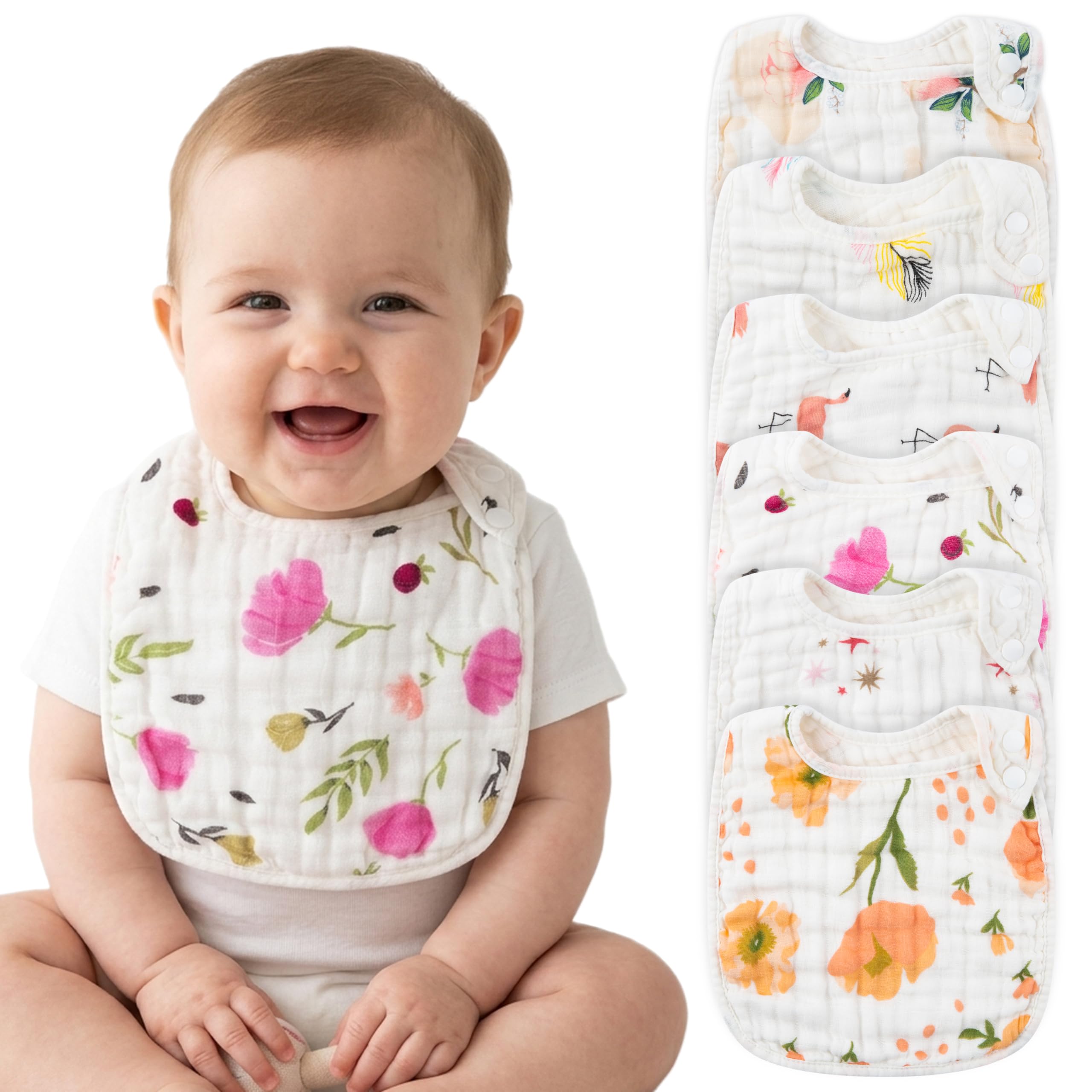 Zainpe 6Pcs Snap Muslin Cotton Bibs for Baby, Flamingo Star Flower Machine Washable Adjustable Burp Cloths with 6 Absorbent Soft Layers for Infant Newborn Toddler Drooling Feeding and Teething