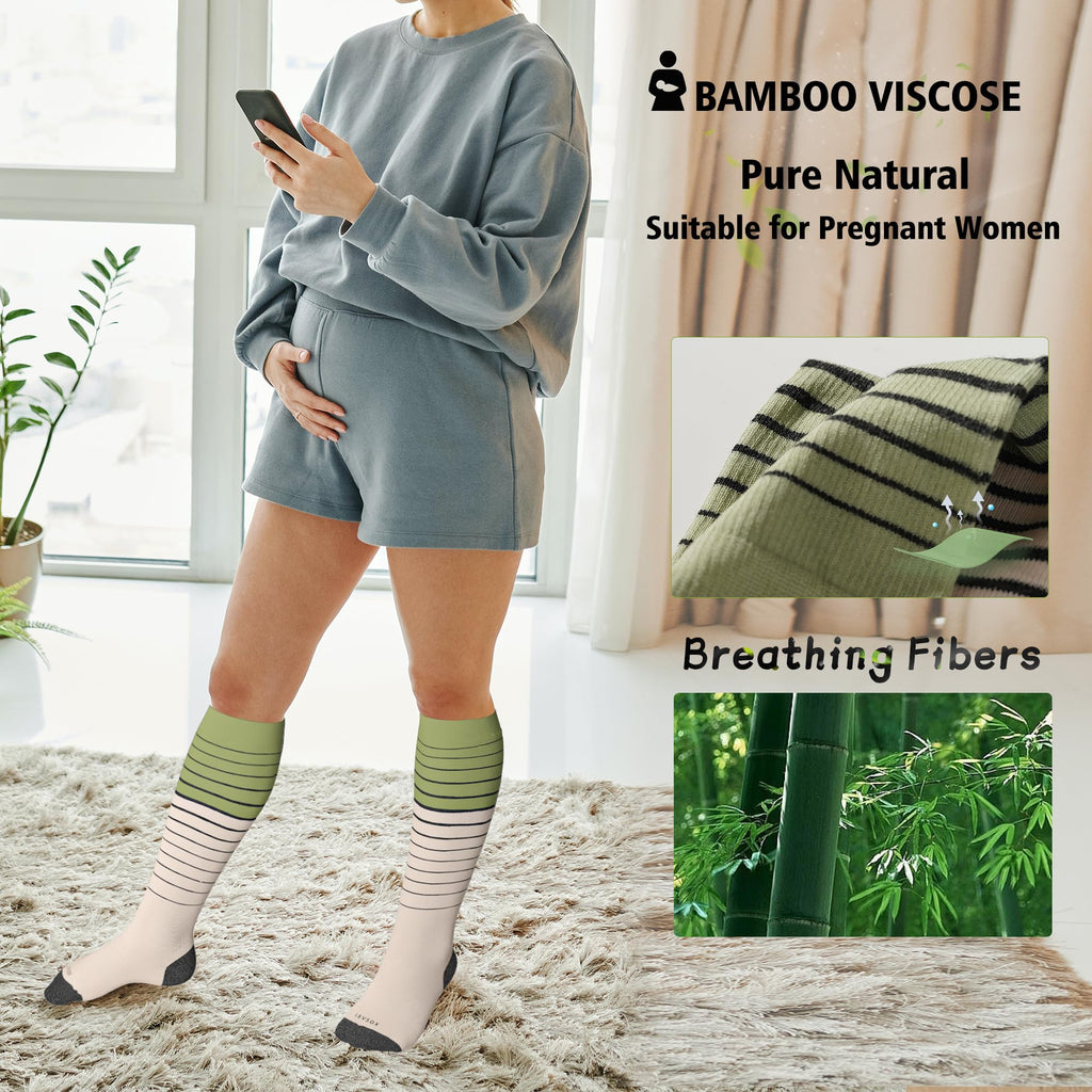 LEVSOX Viscose Made from Bamboo Compression Socks for Pregnant Women 20-30 mmHg Knee High Cute Funny Mens Supports Socks for Nurses, Medical, Travel and Flight, Stripe
