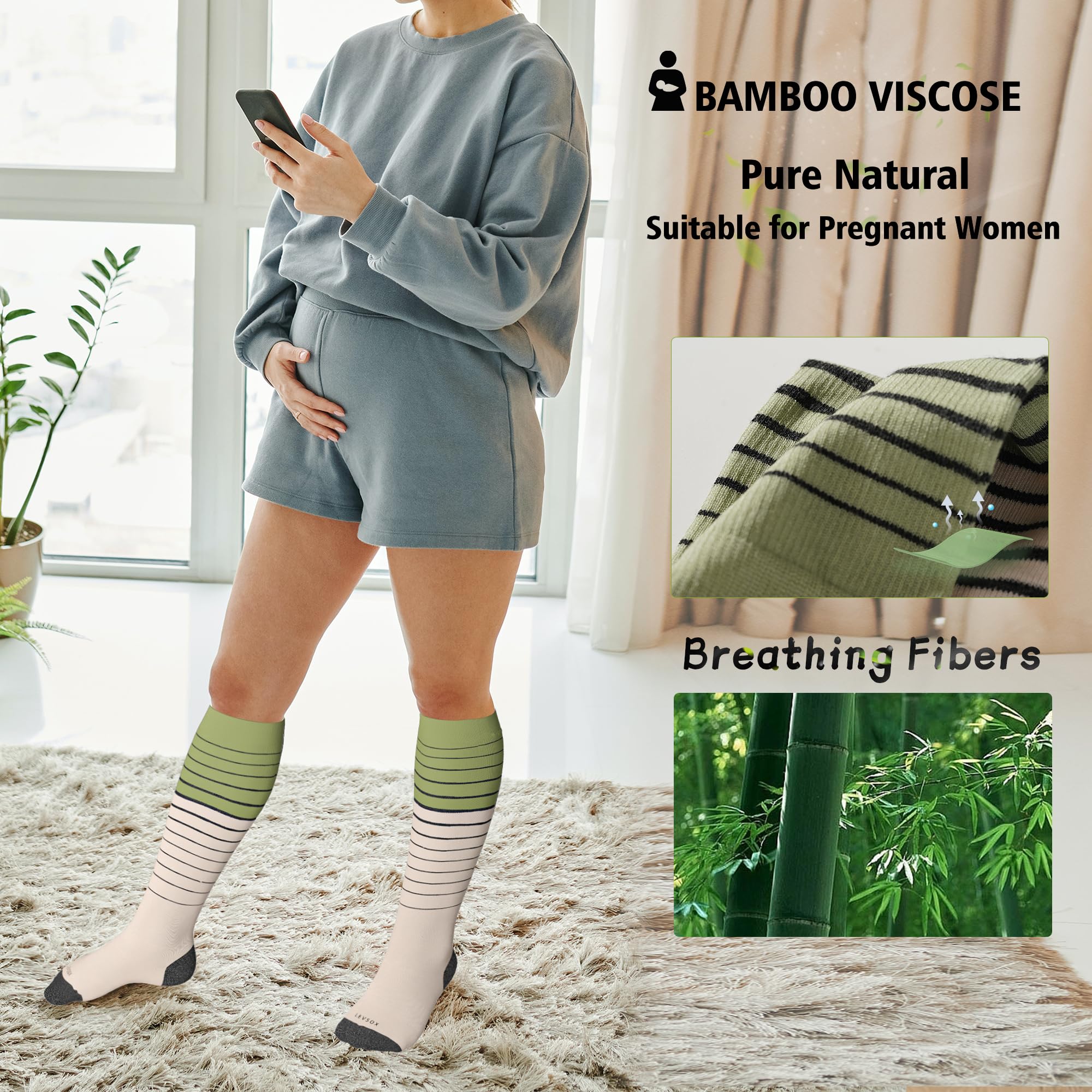 LEVSOX Viscose Made from Bamboo Compression Socks for Pregnant Women 20-30 mmHg Knee High Cute Funny Mens Supports Socks for Nurses, Medical, Travel and Flight, Stripe