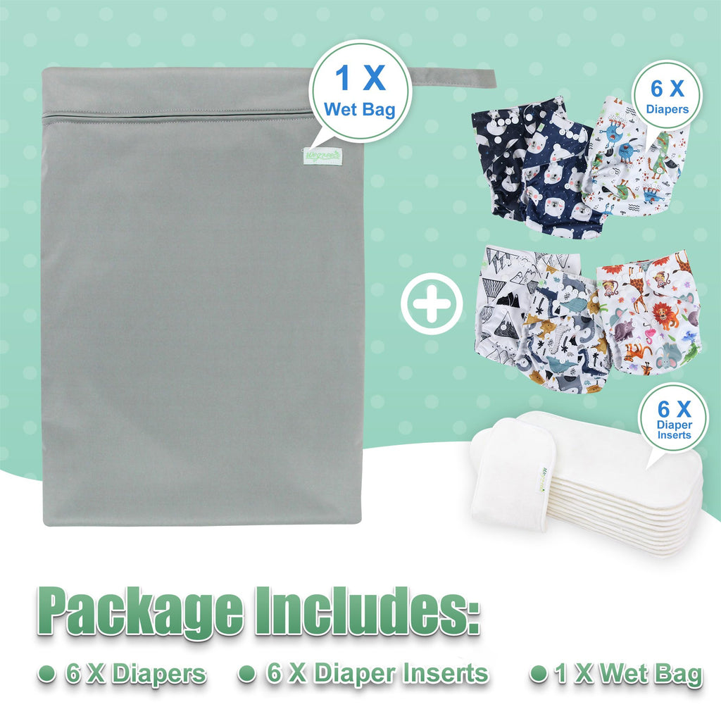 wegreeco Cloth Diapers 6 Pack with 6 Inserts & 1 Wet Bag, Washable Cloth Diapers for Babies, One Size Adjustable Reusable (Cool Animals)