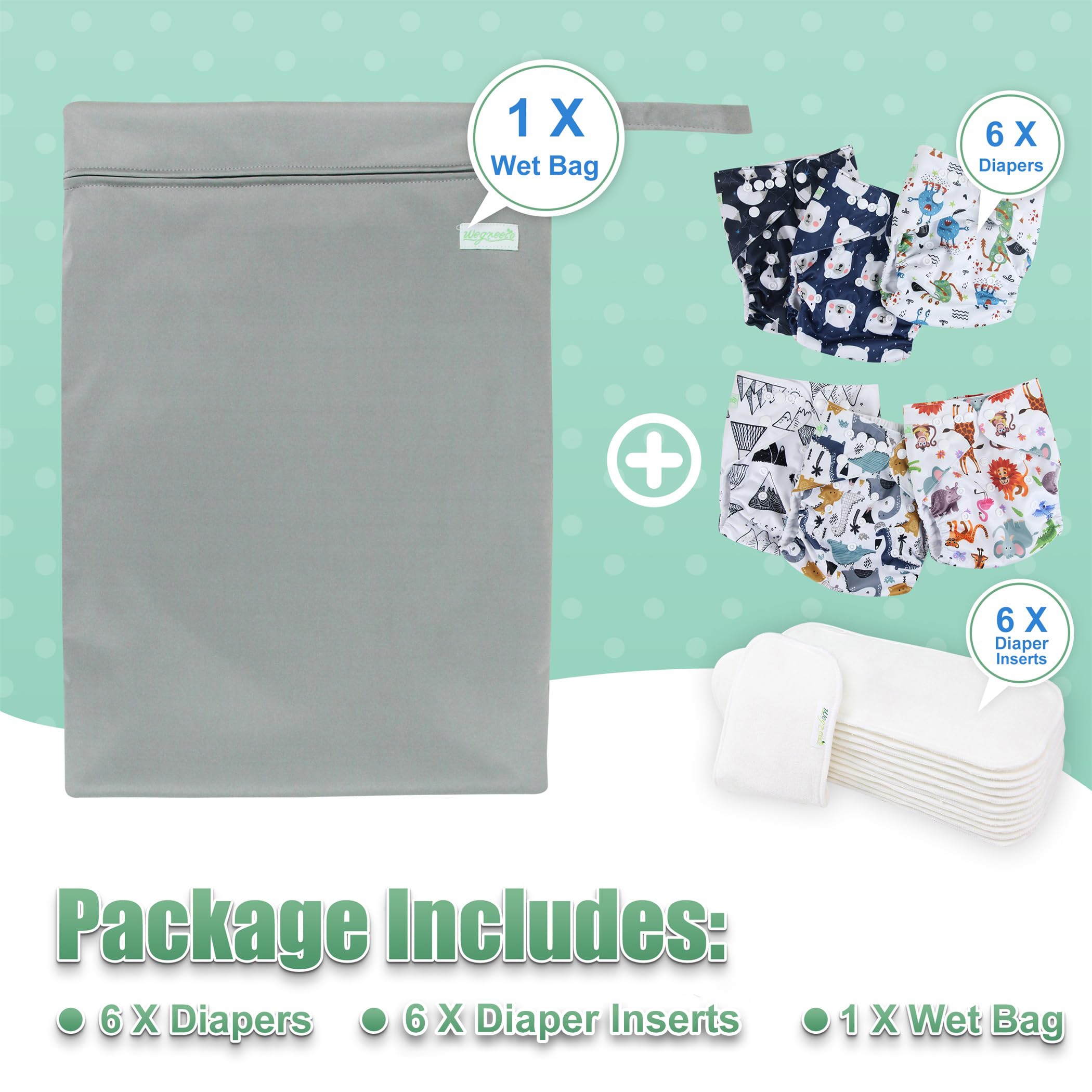 wegreeco Cloth Diapers 6 Pack with 6 Inserts & 1 Wet Bag, Washable Cloth Diapers for Babies, One Size Adjustable Reusable (Cool Animals)
