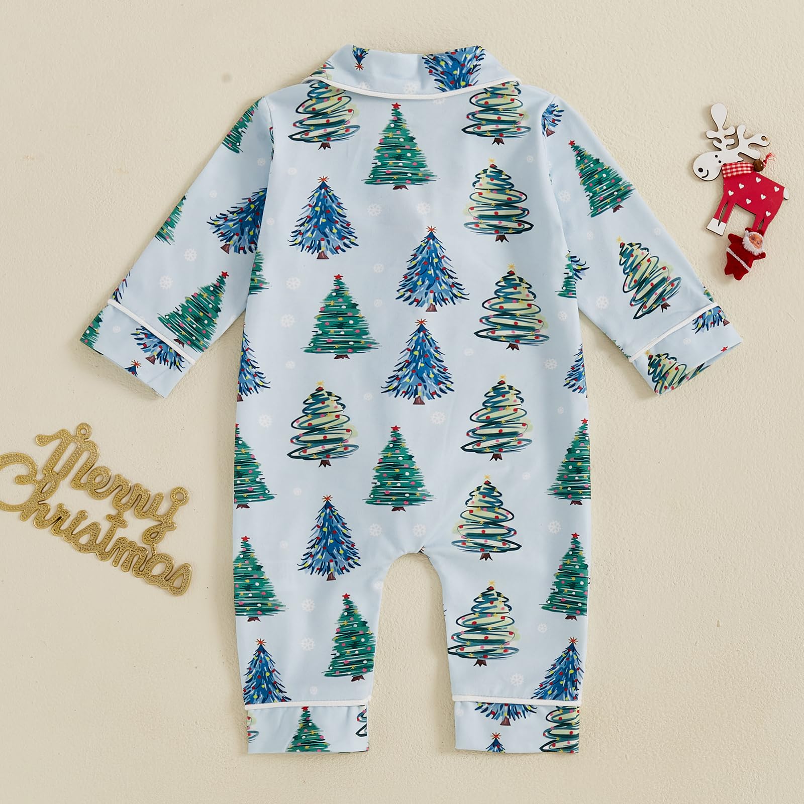 Balaflyie Baby Girl Button Down Pajamas Romper One-Piece Jumpsuit Long Sleeve Sleeper Infant Sleepwear (Christmas Tree&Blue,0-3 Months)