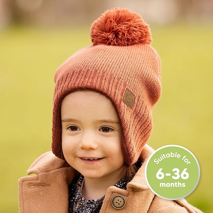 Baby Beanies, Baby Hats for Boys, Girls - Cute Toddler Winter Hat, Soft & Stretchy Beanies for Infant, Newborn 6-36 Months, Cozy & Warm with Earflap Muff & Pom (Clay)