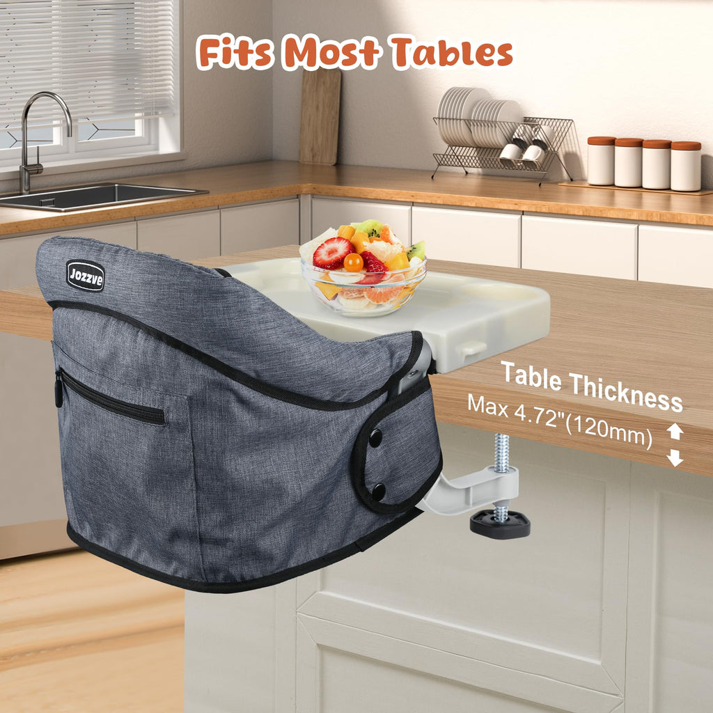 JOZZVE Hook On High Chair with Tray, Clip-On Feeding Seat, Grey