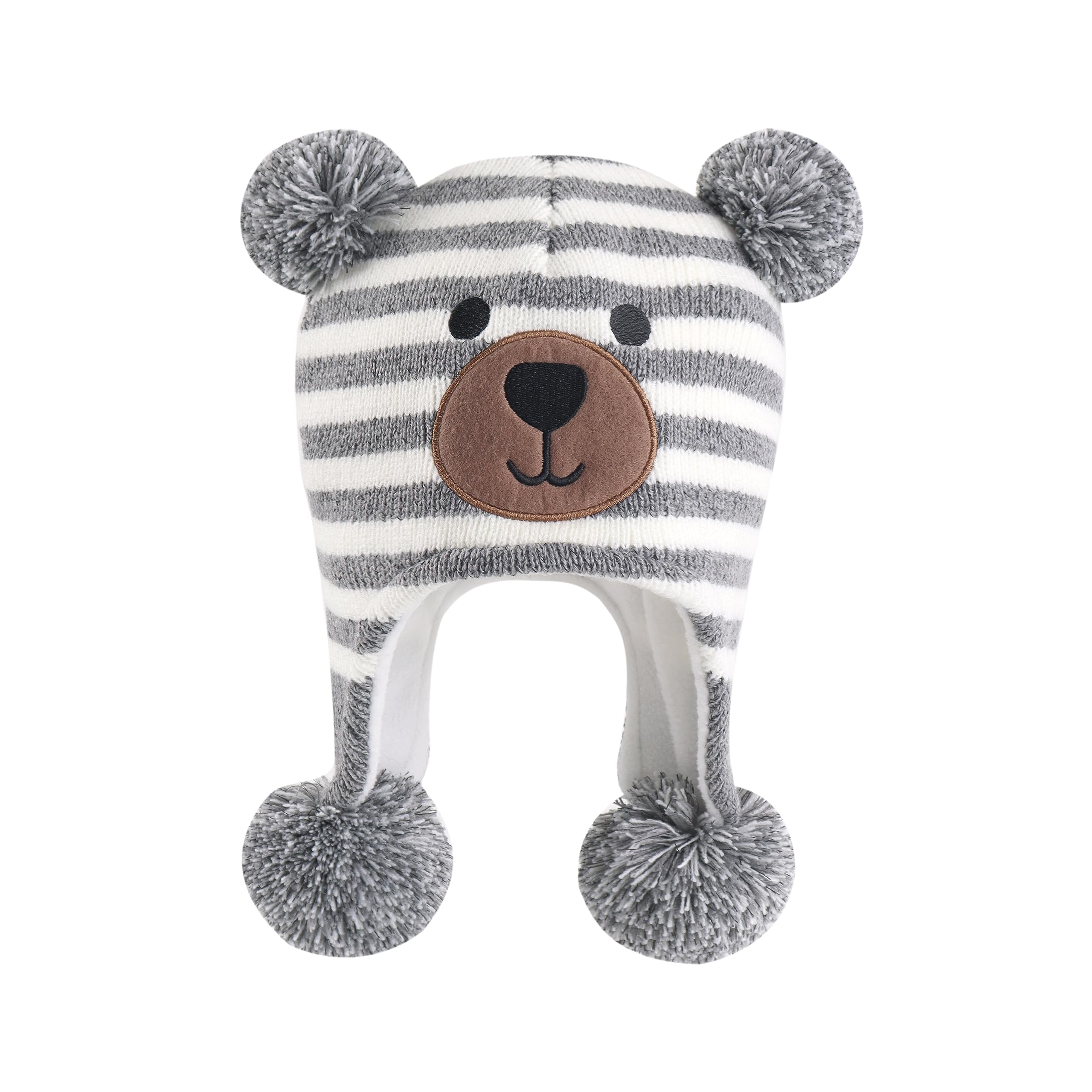LANGZHEN Toddler Kids Infant Winter Hat,Earflap Knit Warm Cap Fleece Lined Beanie for Baby Boys Girls (Bear -Grey White Stripe, 2-4 T)