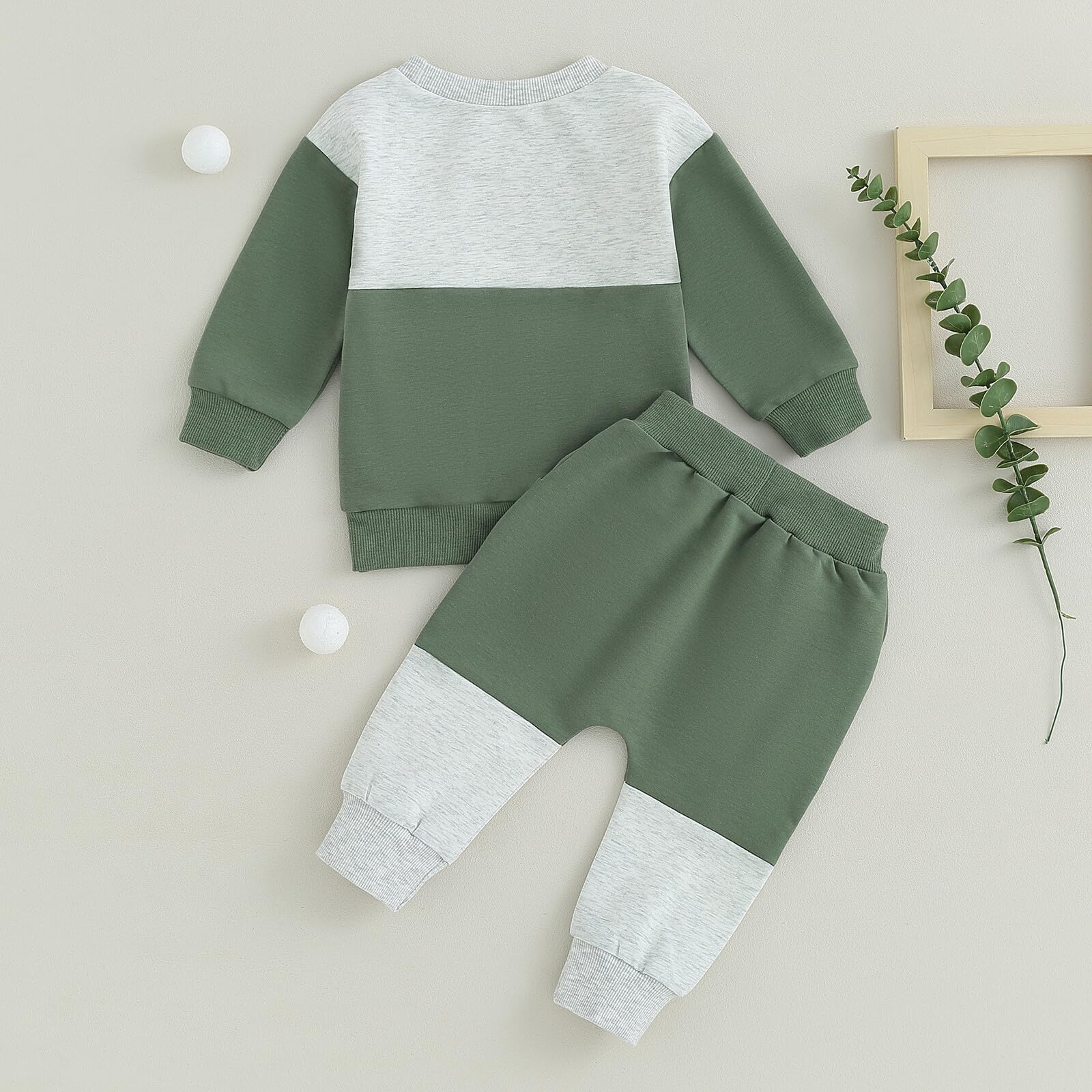 Kupretty Toddler Baby Boy Color Block Sweatshirt Pants Set Gray Green 12M