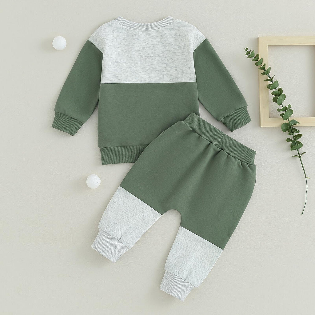 Kupretty Toddler Baby Boy Color Block Sweatshirt Pants Set Gray Green 6M