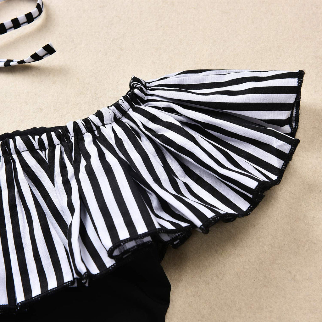 Baby Girl Hawaiian Ruffles Bikini One-Piece Swimsuit Beach Bathing Suit Floral Swimwear+Headband 2 Pcs Set (Black Strips, 12-18 Months)