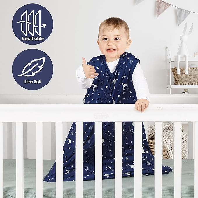 3 Pack Baby Sleep Sack 0-6 Months 100% Rayon Cotton Baby Sleeping Bag 2-Way Zipper Toddler Wearable Blankets Comfy Stretchy Lightweight TOG 0.3 （Purple&Clouds&Starry Sky）