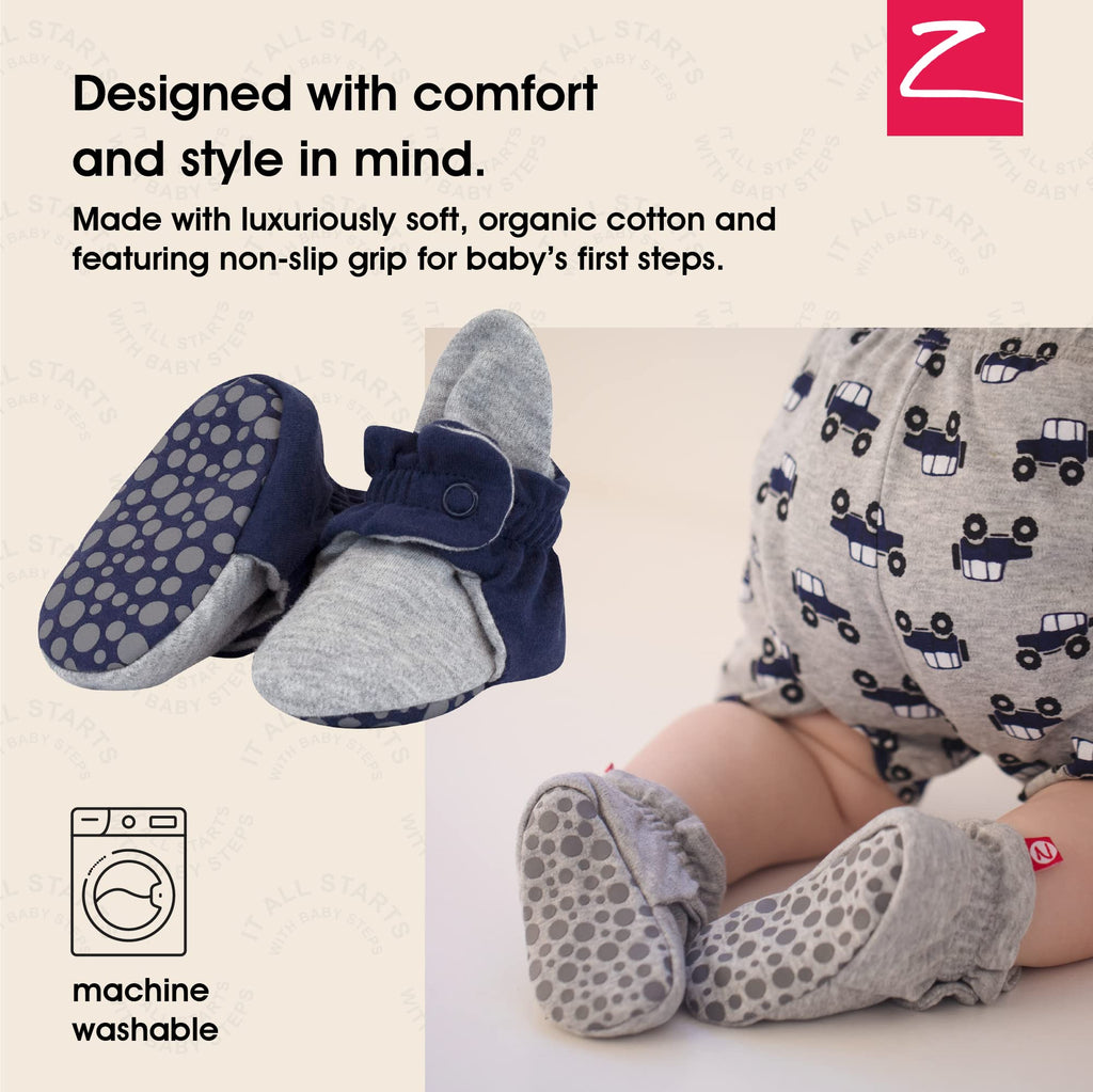 Zutano Unisex Organic Cotton Baby Booties With Gripper Soles, True Navy/Gray Heather, 12M