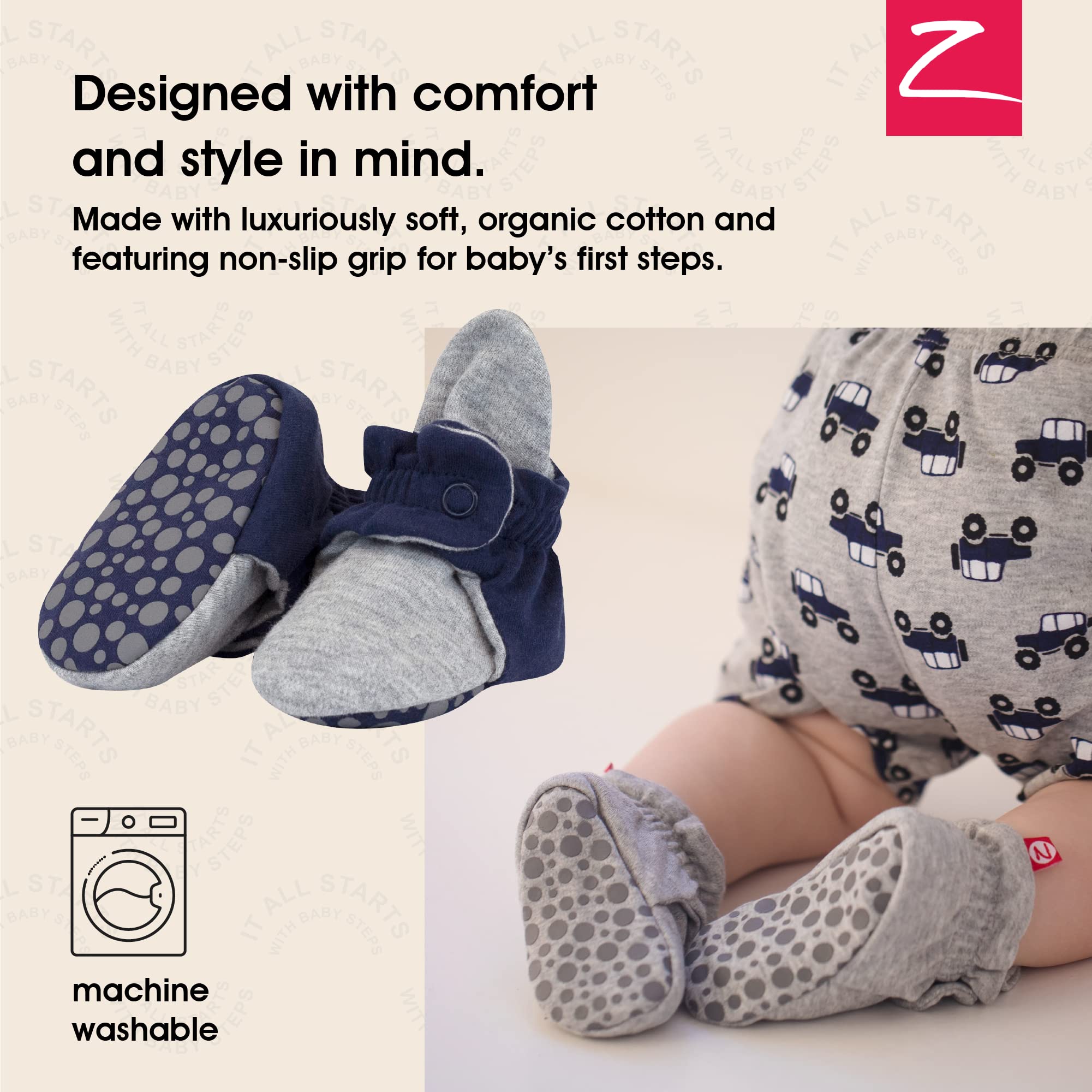 Zutano Unisex Organic Cotton Baby Booties With Gripper Soles, True Navy/Gray Heather, 12M