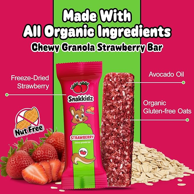 Snakkidz Organic Chewy Granola Bar, Allergen Free, Made with Avocado Oil, Low Sugar (15 Bars, Strawberry)