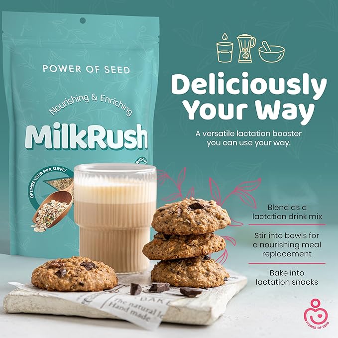 Milkrush Lactation Support for Breastfeeding - Oats Seeds & Almond Lactation Drink Mix - Milk Booster for Breastfeeding Superfood Mix with Omega 3, Iron & Calcium - Kosher Certified - 26oz Bag