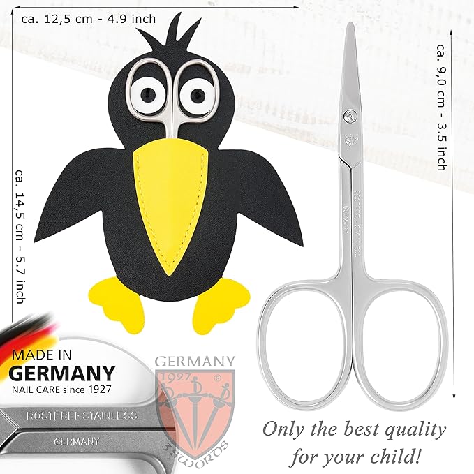 3 Swords Germany - Baby Nail Scissors Safety Scissors with round tips for Children - Babies - toddlers - Infants with Funny Bird case 'Corbi' - Stainless Steel Brand Quality Made in Germany (555)