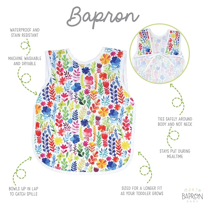 BapronBaby Rainbow Watercolor Floral Bapron - No Neck Tie Safer Bib for Baby & Toddler - Soft Waterproof Stain Resistant - Machine Washable - Sz Preschool 3-5yrs