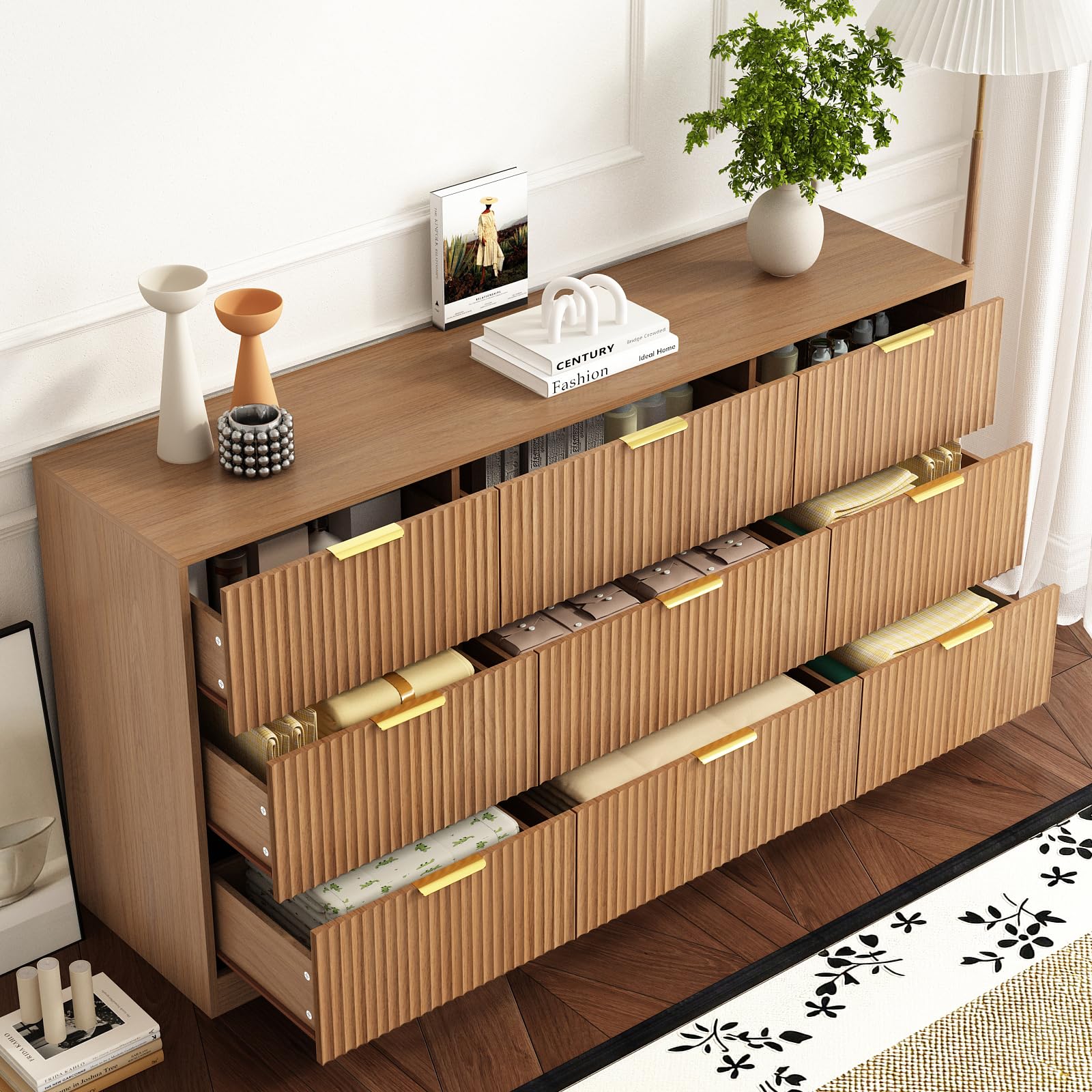 Sscaktu 9 Drawer Fluted Dresser for Bedroom with Deep Drawers, Light Walnut丨63 Wide Wood Dresser, Large Chest of Drawers, Modern Long TV Stand, Storage Cabinet Side Table for Living Room, Hallway