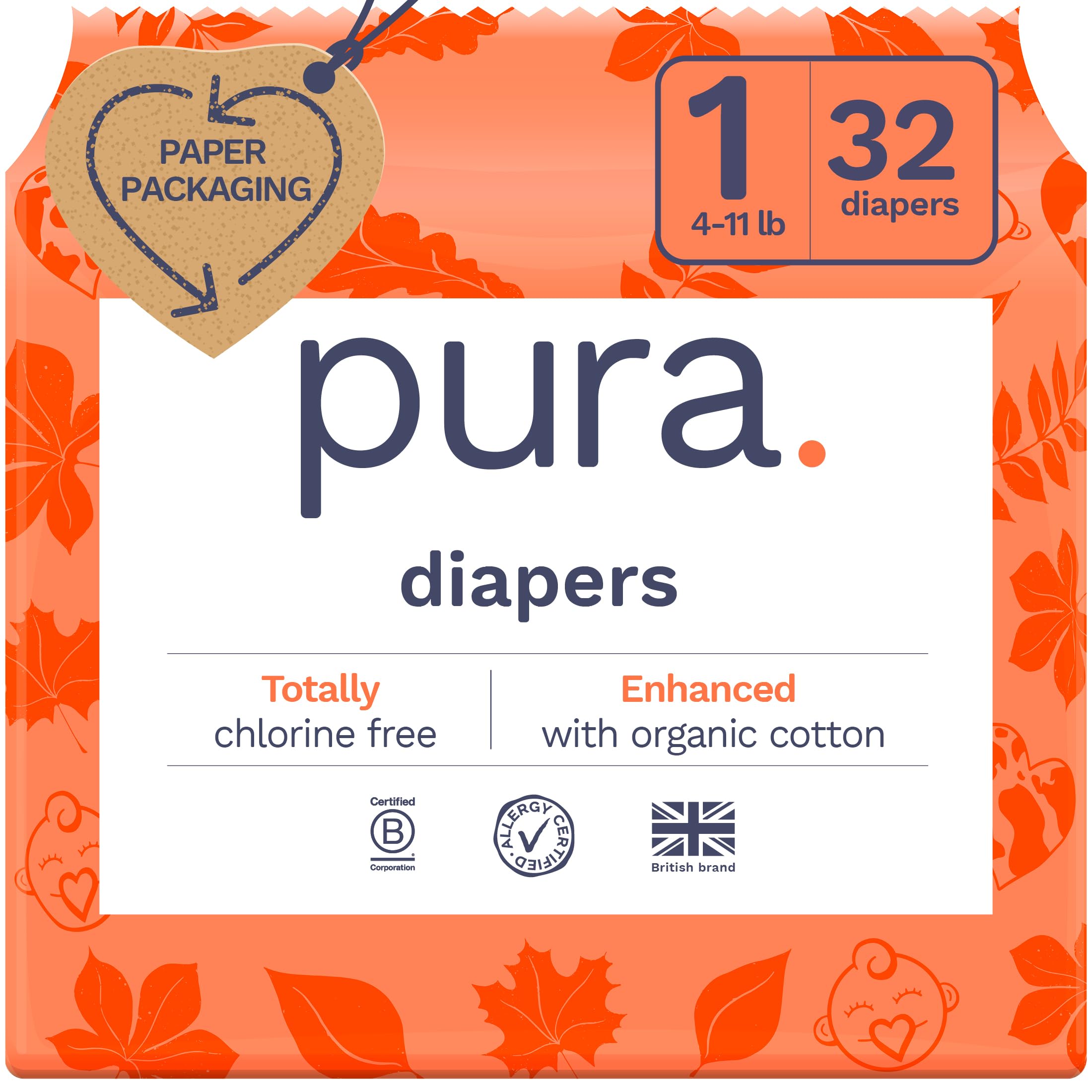 Pura Hypoallergenic Diapers, Size 1 (4-11 lbs), Newborn, Totally Chlorine Free, Wetness Indicator, Suitable for Sensitive Skin, Soft Organic Cotton Comfort, Overnight, 1 Pack of 32 Baby Diapers