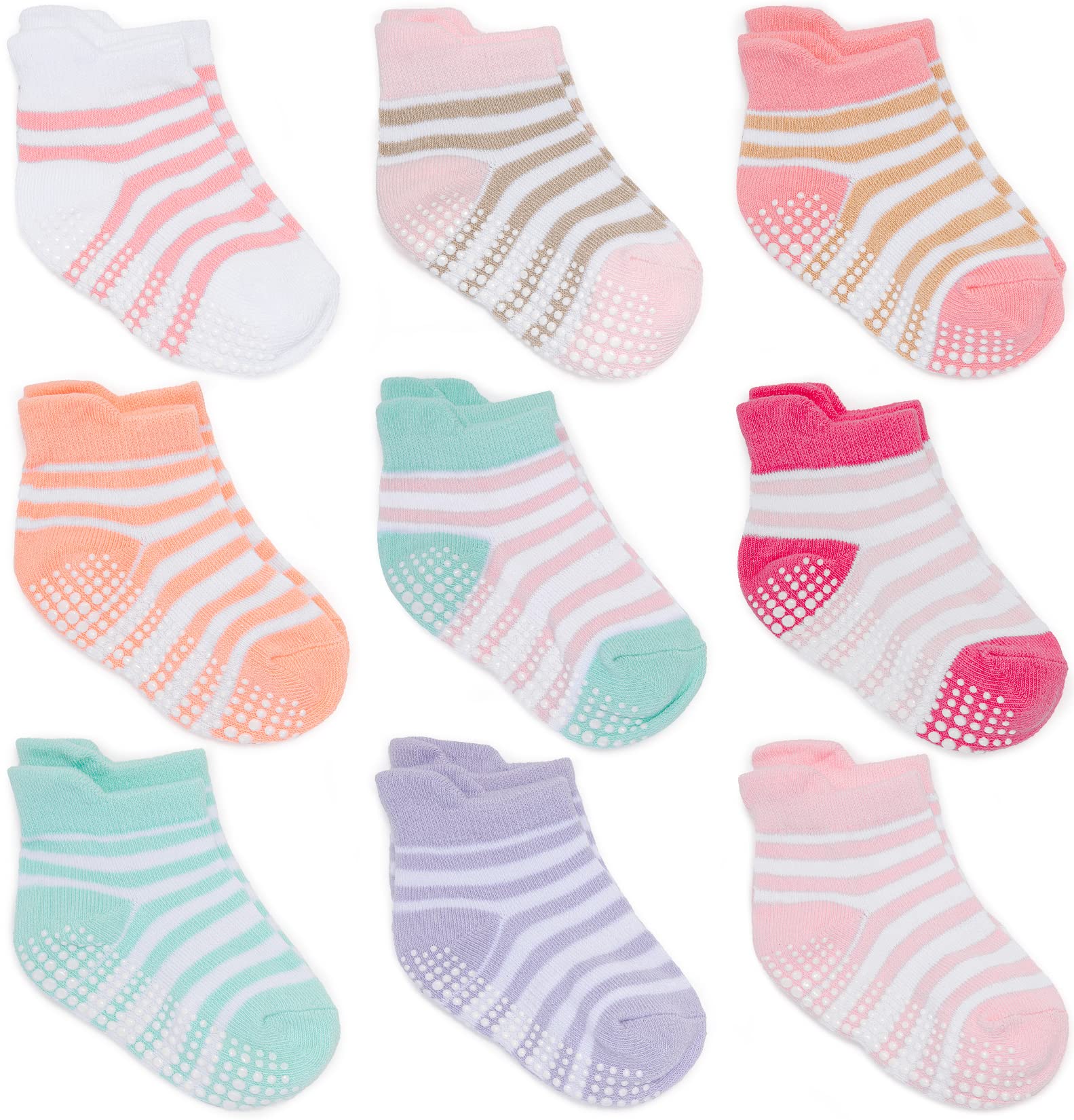 Zaples Baby Girls Non Slip Grip Ankle Socks with Non Skid Soles for Infants Toddlers, Girl Stripes, 6-12 Months