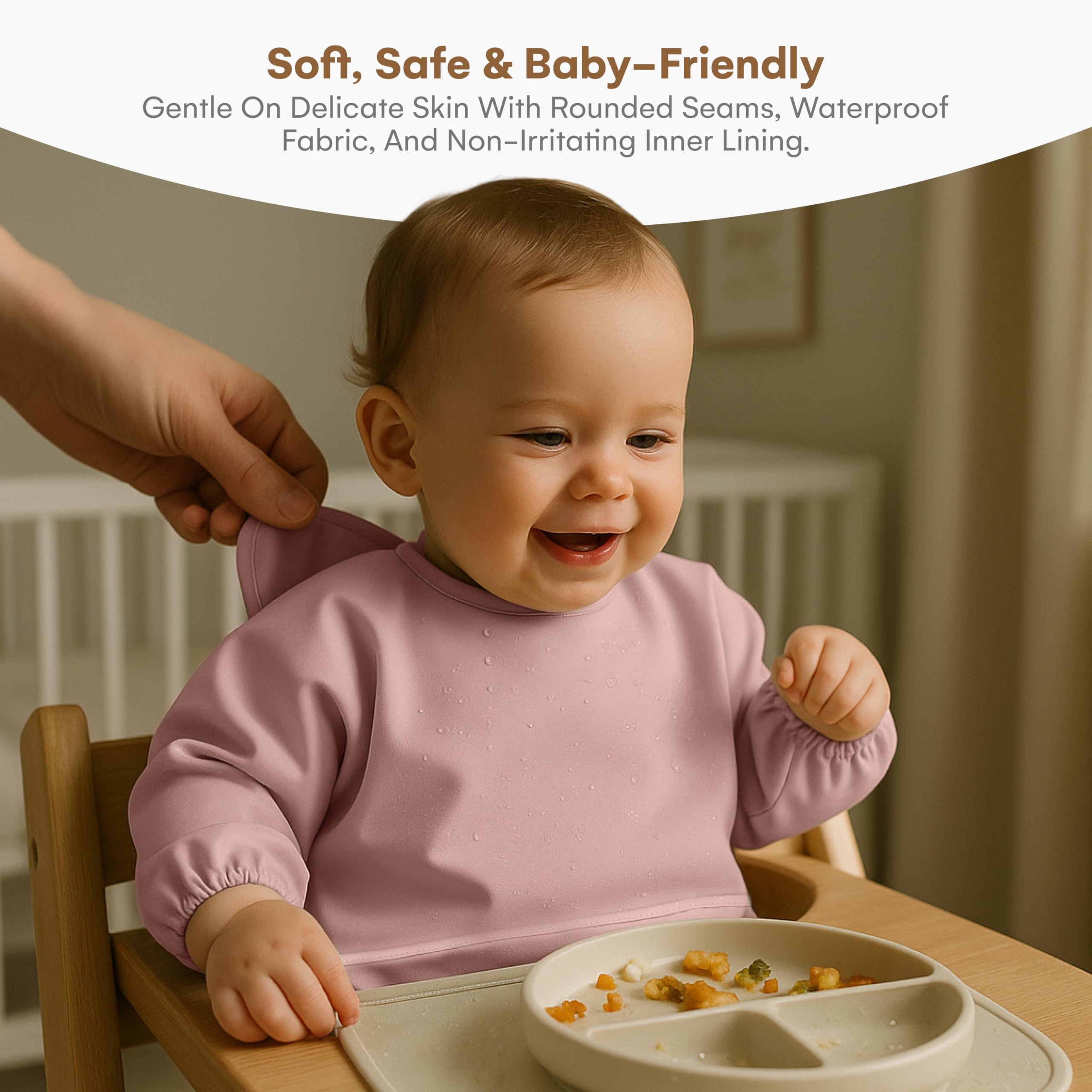 CHILDLIKE BEHAVIOR Baby Smock Bib - Set of 2 - Waterproof Travel Buddy, Mess-Proof Feeding - Long Sleeves, Gentle Closure - Two-Layer Cloth - Stress-Free Toddler Weaning - Sleeved Bib - Pink/Peach