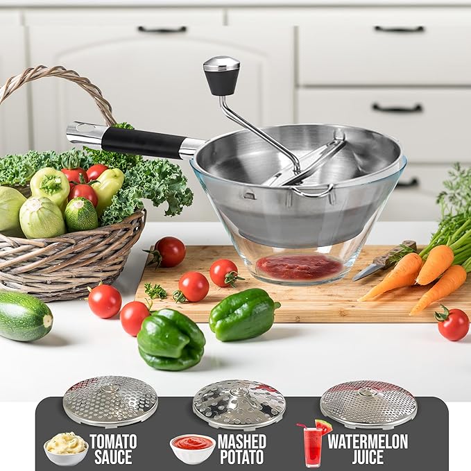 Premium Stainless Steel Food Mill - Effortless Pureeing, Straining & Milling for Soups, Sauces, Baby Food, and More – Includes 3 Interchangeable Discs – Durable & Easy-to-Clean Design