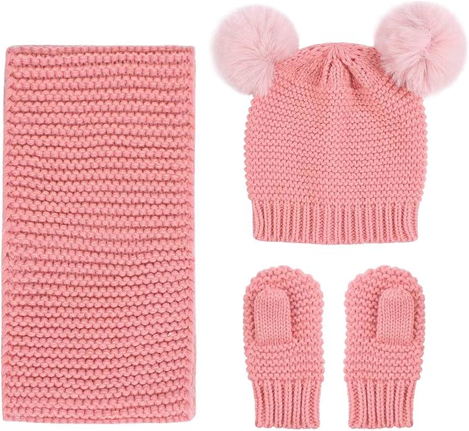 Duoyeree Baby Winter Hat Scarf Glove Beanie Set Girls Boys Pom Pom Knitted Beanie Mitten Scarves for Toddler 0-3T