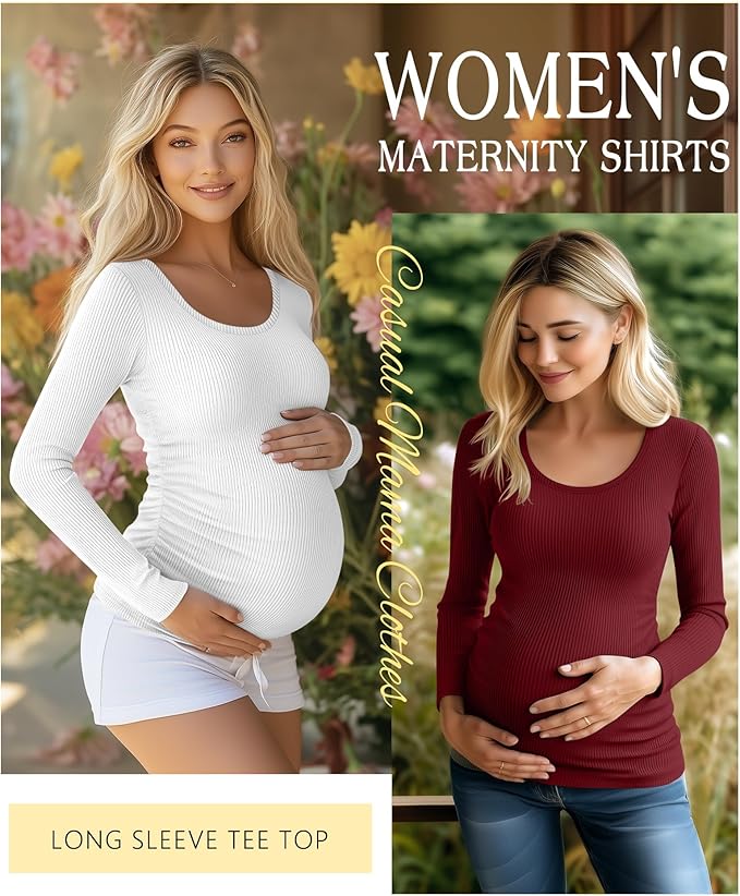 Riyiper 4 Pack Women's Maternity Shirts, Long Sleeve Cotton Ribbed Pregnancy Tee Top Crewneck Side Ruched Casual Mama Clothes
