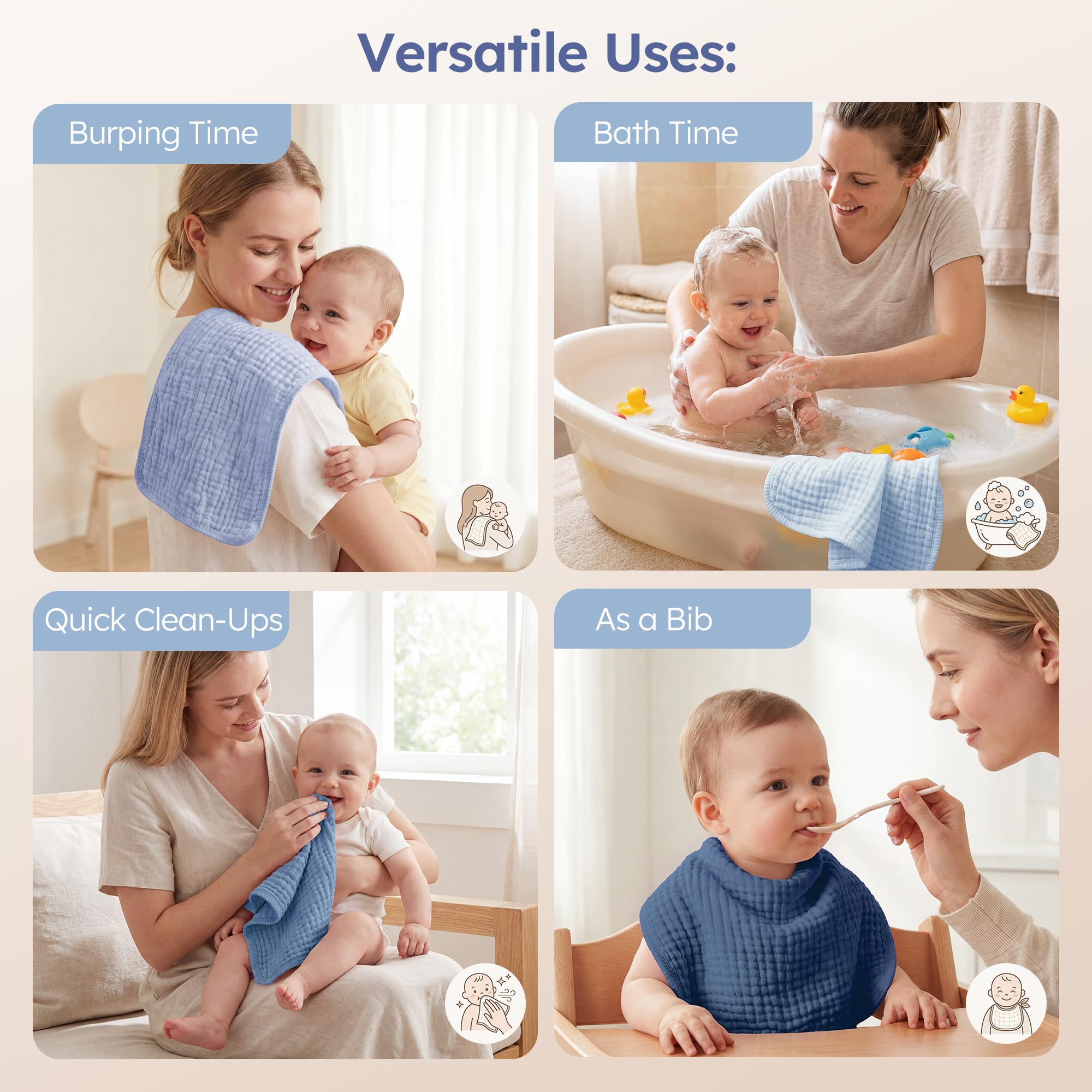 Yoofoss Muslin Burp Cloths for Baby 10 Pack 100% Cotton Baby Washcloths for Boys Girls Large 20''X10'' Super Soft and Absorbent Progressive Blue
