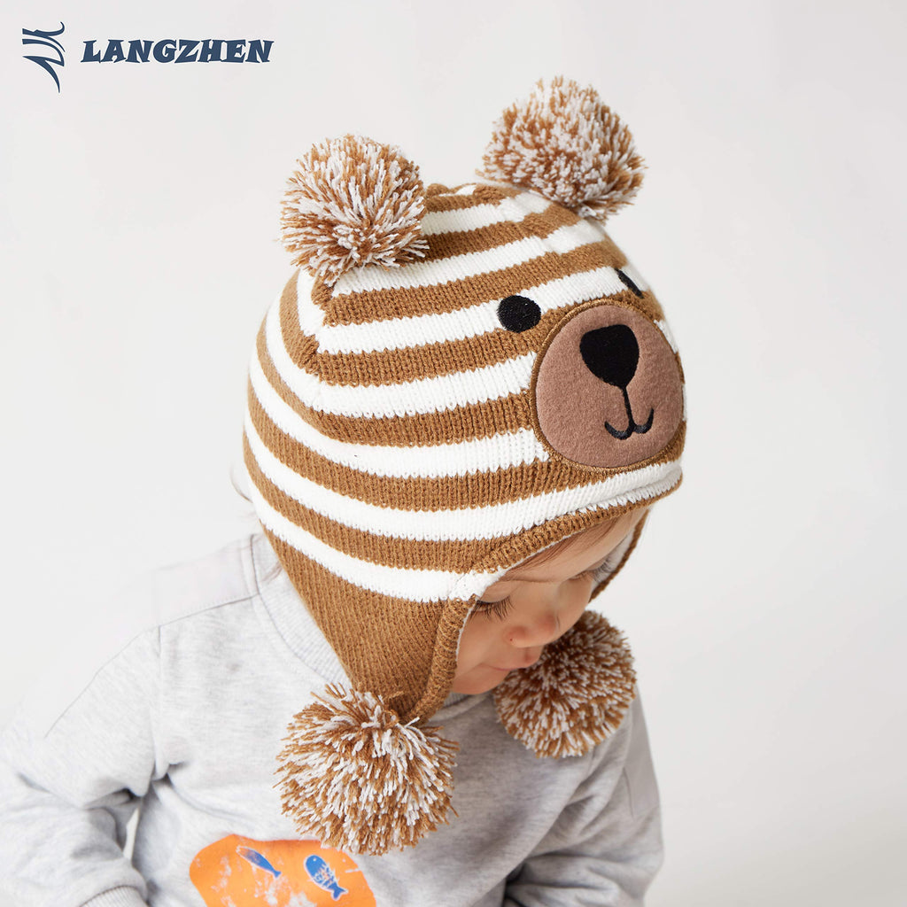 LANGZHEN Toddler Kids Infant Winter Hat,Earflap Knit Warm Cap Fleece Lined Beanie for Baby Boys Girls (Brown, M)