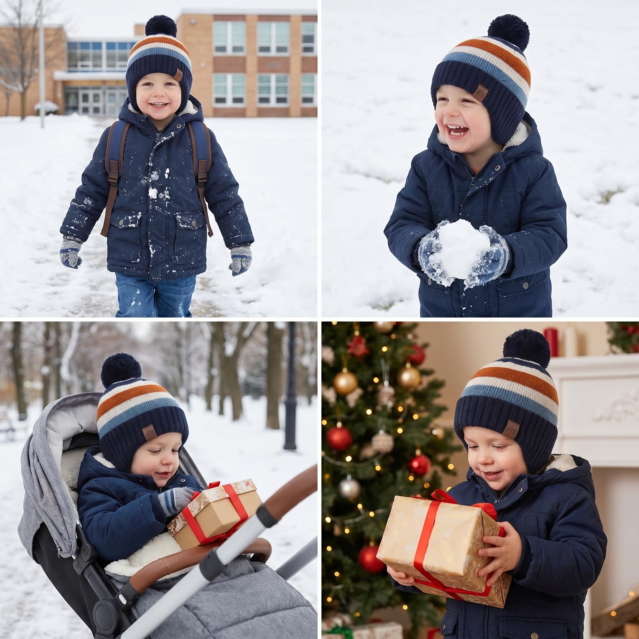 Moon Kitty Baby Boy Winter Hat with Earflaps Fleece Lined Toddler Knit Beanie Cap Cute Bear Kids Pom Pom Snow Hat for Infant Boys Girls