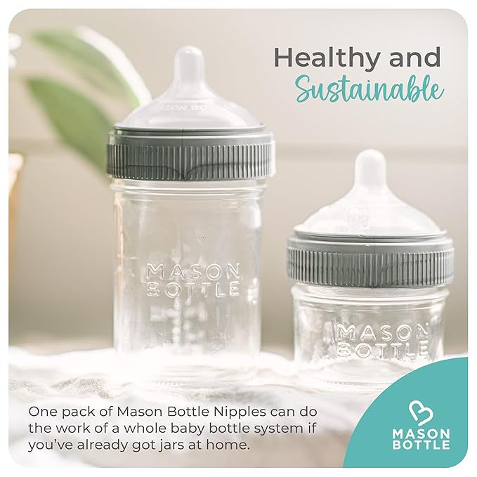 Mason Bottle Slow Flow Nipples (0–3 Months) – Silicone Baby Bottle Nipples, Fits Any Regular-Mouth Mason Jars – Wide Natural Shape, BPA-Free, Non-Toxic, Made in USA (2-Pack)