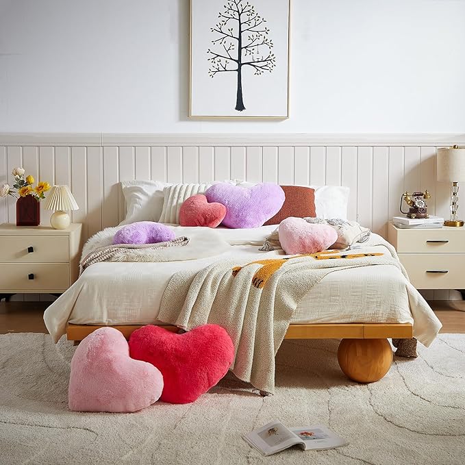 EastTree Heart Pillows, Bean Paste Pink Heart Shaped Pillows, Love Throw Pillows Gifts, Ultra Faux Rabbit Fur Soft Small Cute Fluffy Pillows, Women Girls Kid Living Room Decor 10x13 Inch