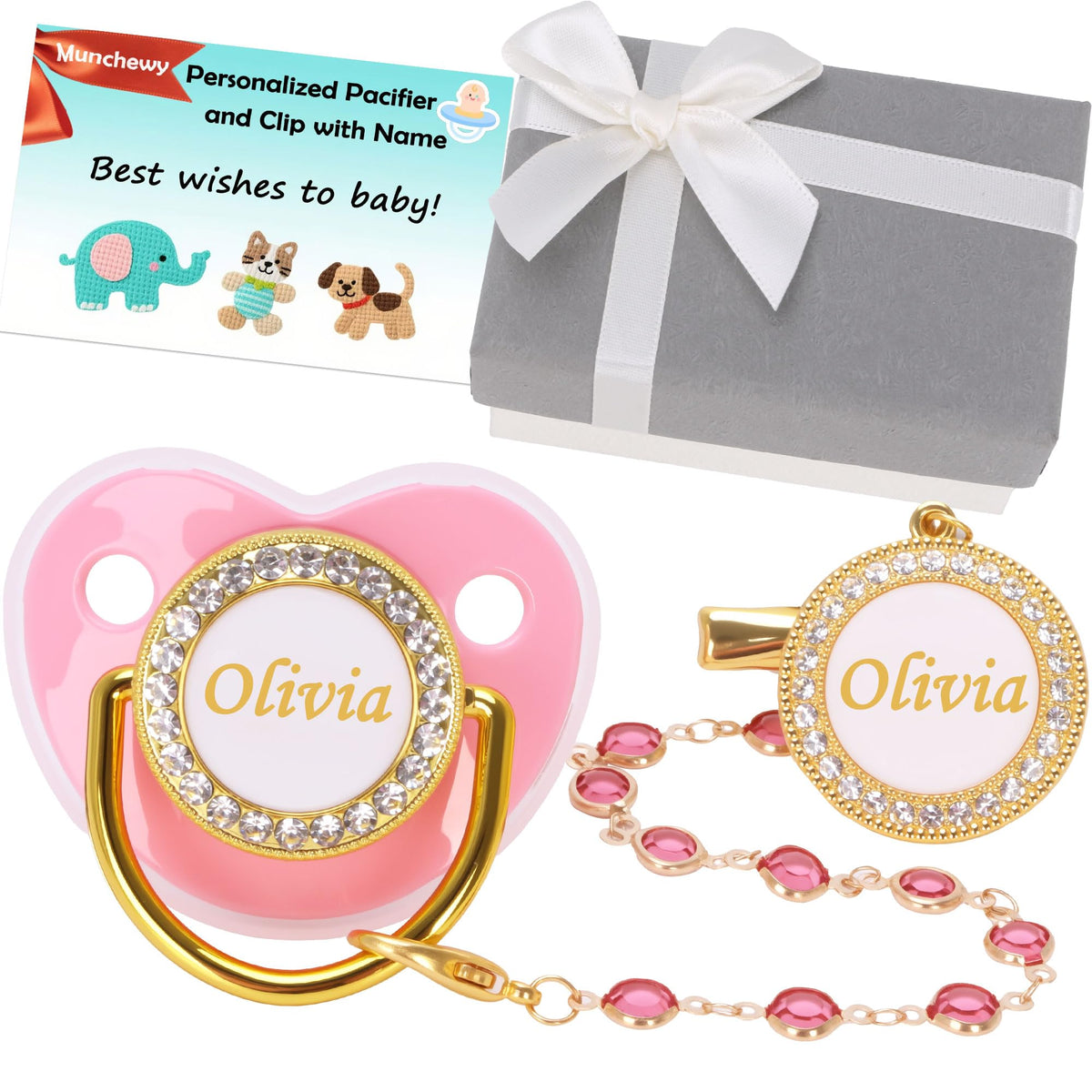 Munchewy Custom Baby Pacifier with Name and Clip for Newborns(White)