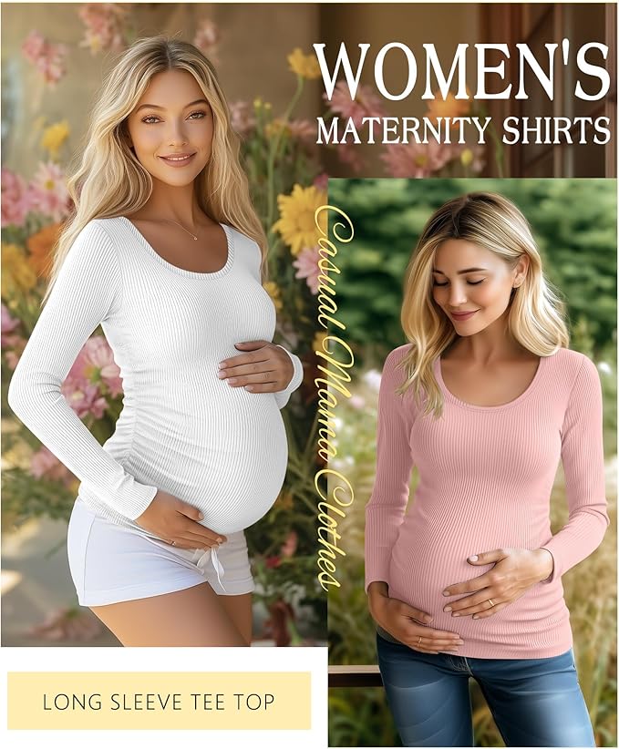 Riyiper 4 Pack Women's Maternity Shirts, Long Sleeve Cotton Ribbed Pregnancy Tee Top Crewneck Side Ruched Casual Mama Clothes