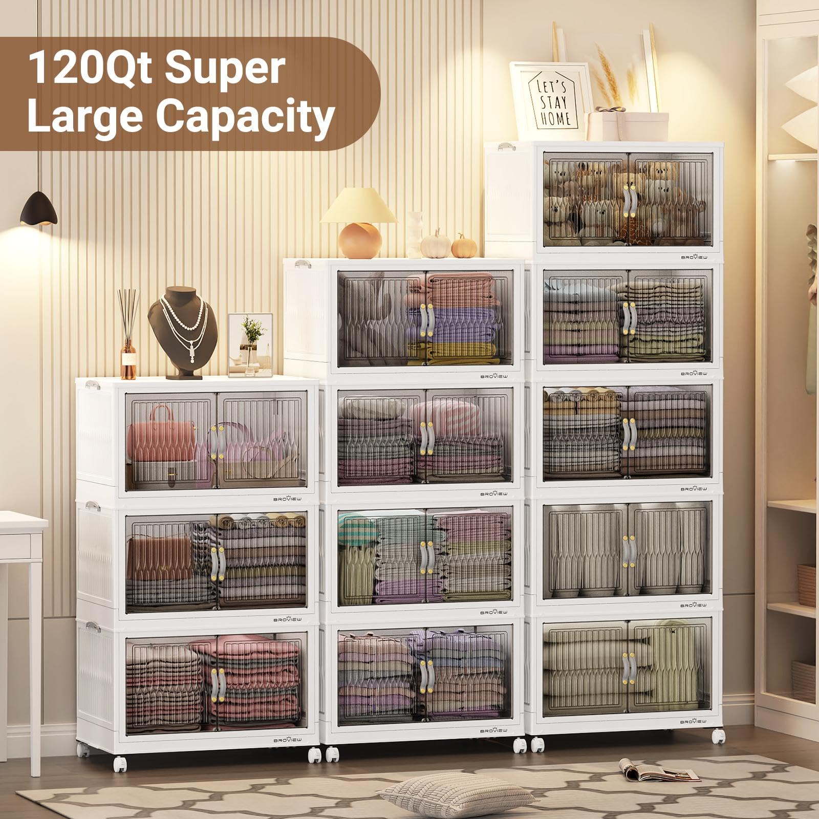 BROVIEW 600Qt Stackable Storage Bins with Lid, Extra Large Closet Organizer Collapsible Drawer Boxes with Wheels, Folding Plastic Cabinet Containers for Home Kitchen Room Organization, 5Pack White