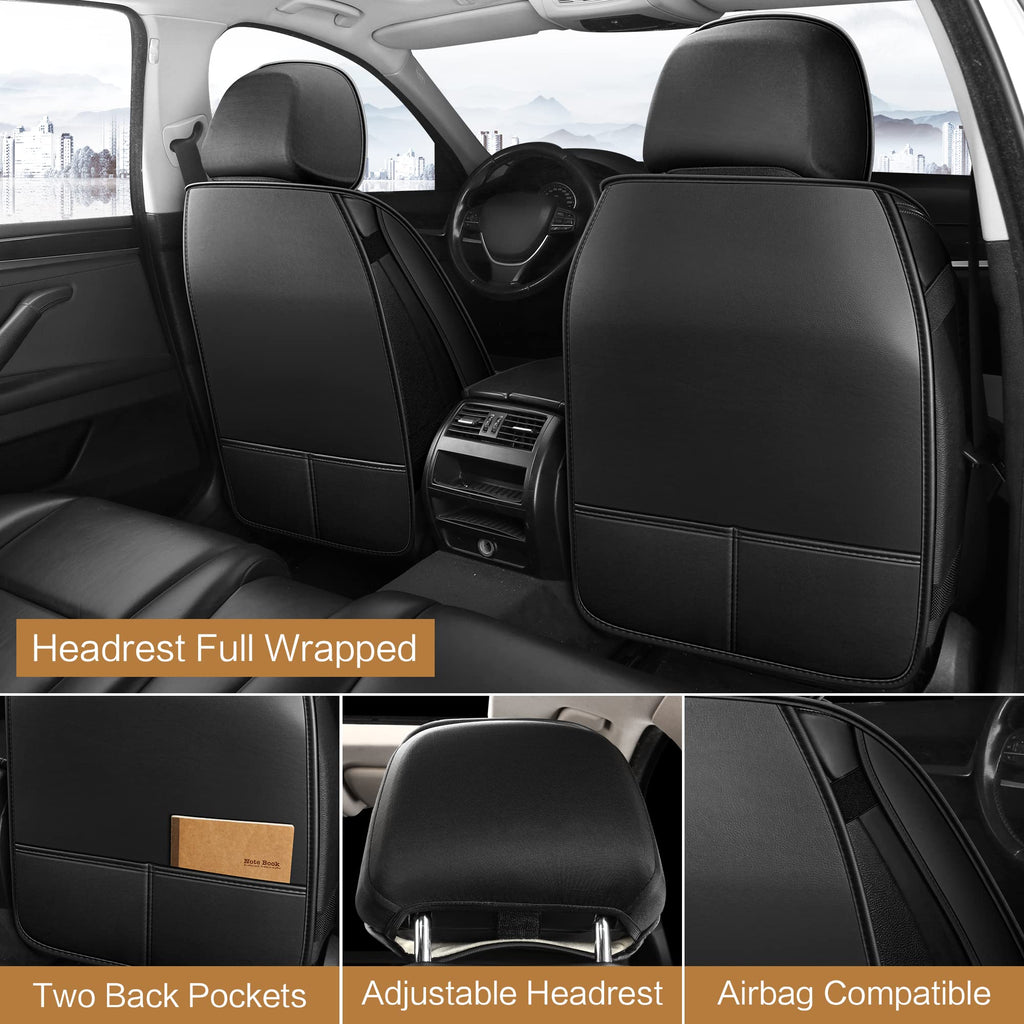 Pariitadin Leather Car Seat Covers Front Pair, Waterproof Breathable Faux Leather Automotive Seat Covers for Cars, Non-Slip Car Interior Covers Universal Fit Most Cars Sedans Trucks SUVs, Black