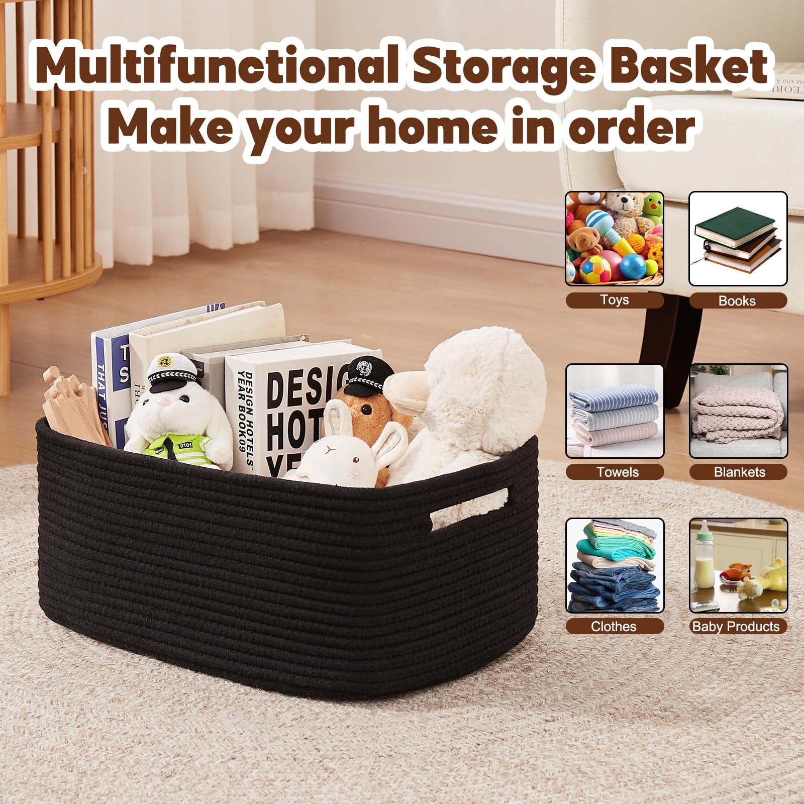 OIAHOMY Storage Basket for Shelves, Closet Cube Storage Bins Baskets for Clothes Blanket Towels, Baby Nursery, Toy Baskets Box, Woven Rope Basket, 15.75 * 11.81 * 7.09 IN, 2 Packs Black