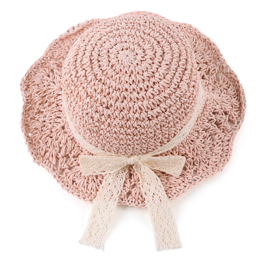 JANGANNSA Baby Girl Straw Hat Outdoor Baby Sun Protection Hats Summer Bowknot Beach Cap for Infant Toddler Girls(Lace Bow-Pink,2-5 Years)