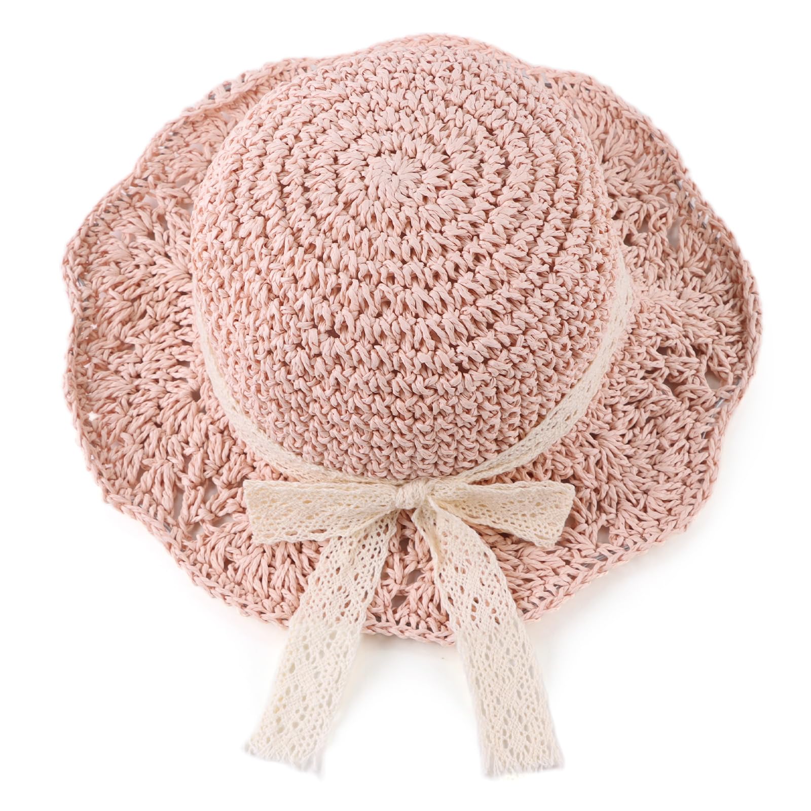 JANGANNSA Baby Girl Straw Hat Outdoor Baby Sun Protection Hats Summer Bowknot Beach Cap for Infant Toddler Girls(Lace Bow-Pink,2-5 Years)