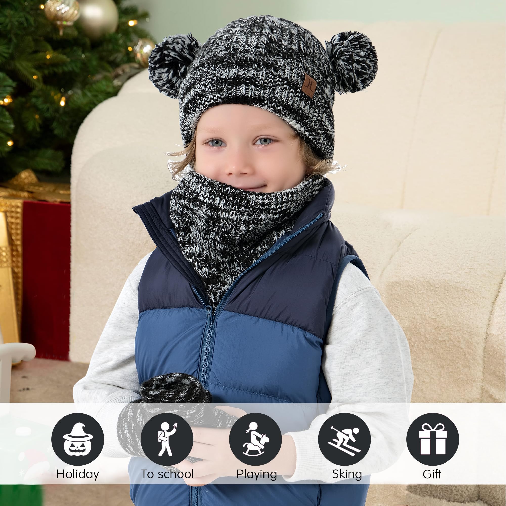Kids Toddler Infants Winter Hats Scarfs Gloves Set Pompom Beanie Caps Mittens Neck Warmer with Fleece for 0 6 12 18 Months 1 2 3 4 Years Old Baby Girls Boys Gifts