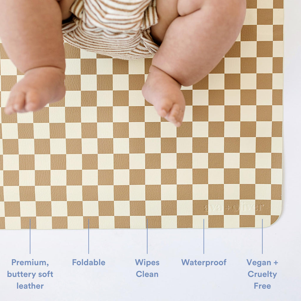 Vegan Leather Baby Changing Mat 16x30in, Wipeable, Foldable, Mocha Checker